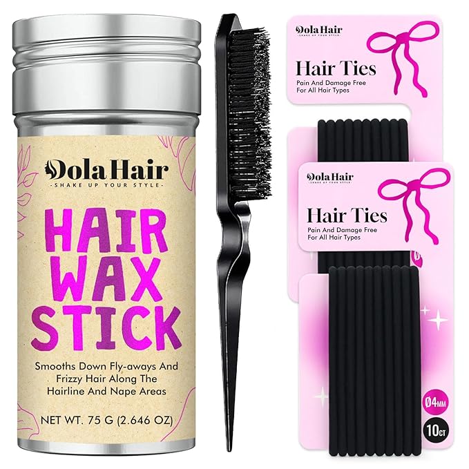 Dolahair ヘアワックススティック - アホ毛抑え・スタイリングポマード（子供、女性、男性向け） - ヘアアクセサリー スリックバックヘアブラシキット ヘアゴム20本付きヘアお団子メーカー (3個パック)