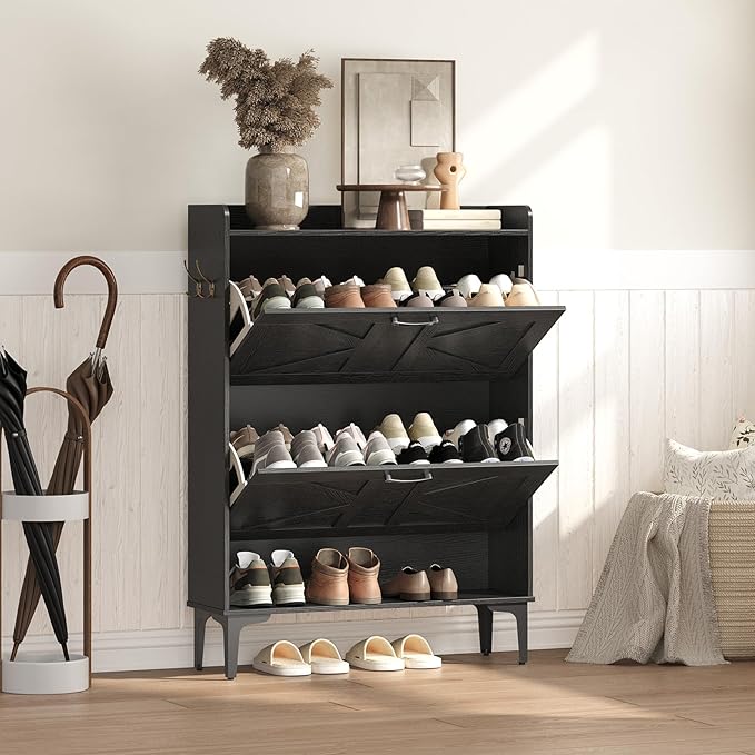 MAHANCRIS Shoe Storage Cabinet, Shoe Organizer with 2 Flip Drawers, Hidden Shoe Storage for Entryway, Freestanding Shoe Cabinet Organizer with Open Storages, Black SHHB9401