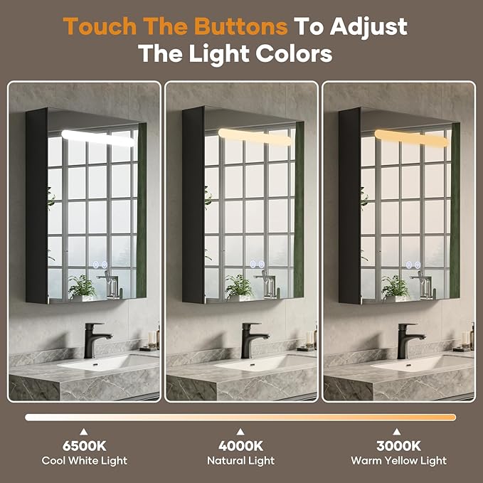 Bathroom Medicine Cabinet with Mirrors and LED Lights, 16x30 inch Bathroom Storage Cabinet, One Doors Wall-Mounted Medicine Cabinet Organizer with Adjustable Shelves & Outlets (16x30 inch)