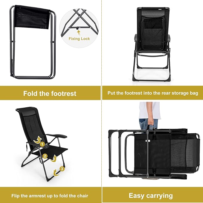Giantex 4 Pcs Folding Patio Chairs with Footrest, Adjustable Back, 2 Pack Outdoor Portable Sling Patio Dining Chairs for Camping Lawn Bistro Porch Garden Yard Pool, Black