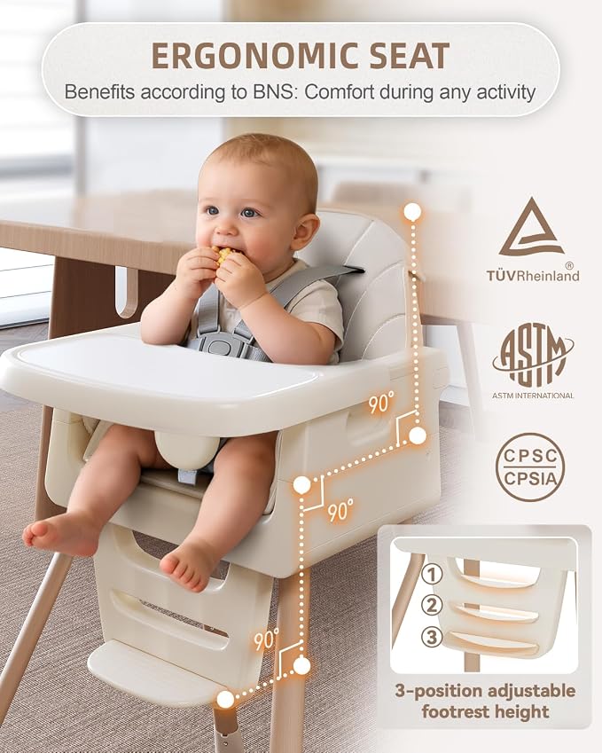 Baby High Chair for 6 Months+, Foldable High Chairs for Babies and Toddlers, Convertible High Chair, Adjustable Tray & Footrest, Portable High Chair & Easy to Clean(White with Wood Grain)
