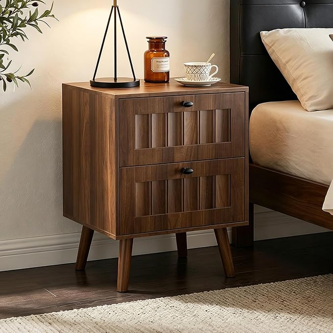Kiasthome Mid-Century Wood Nightstand with 2 Drawers, Fluted Front Bedside Table, Functional End Table for Bedroom & Living Room (Vintage Walnut (2-Pack))