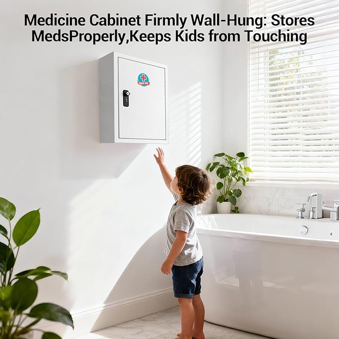 Wall Mounted Metal Medicine Cabinet with Key Lock, First Aid Medication Storage Box, White