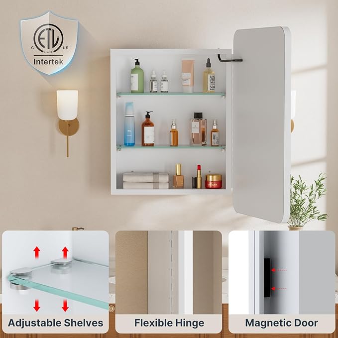 16x24 Inch Medicine Cabinet with Mirror, Recessed or Surface Mount Bathroom Medicine Cabinet with LED Lights, Anti-Fog, Memory Function, Adjustable Shelf, Dimmable Light, ETL Listed, White,Right Hinge
