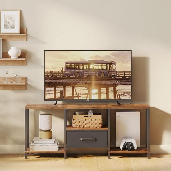 JARHETUN TV Stand with Fabric Drawer for 55 Inch TV, Entertainment Center with Open Shelves, Media TV Console Table for Living Room, Bedroom, Rustic Brown