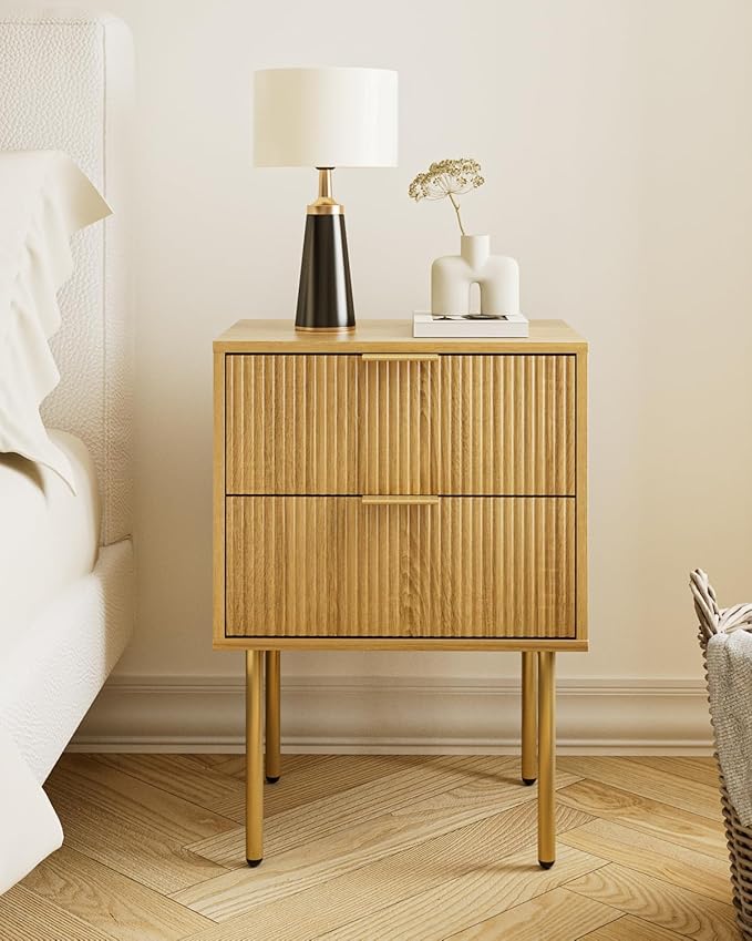 Aienvey Night Stand, Modern Nightstand with Drawers, Bedside Table, Gold Small Side Table for Bedroom, Living Room End Table (Oak Stripe, 2 Drawers)