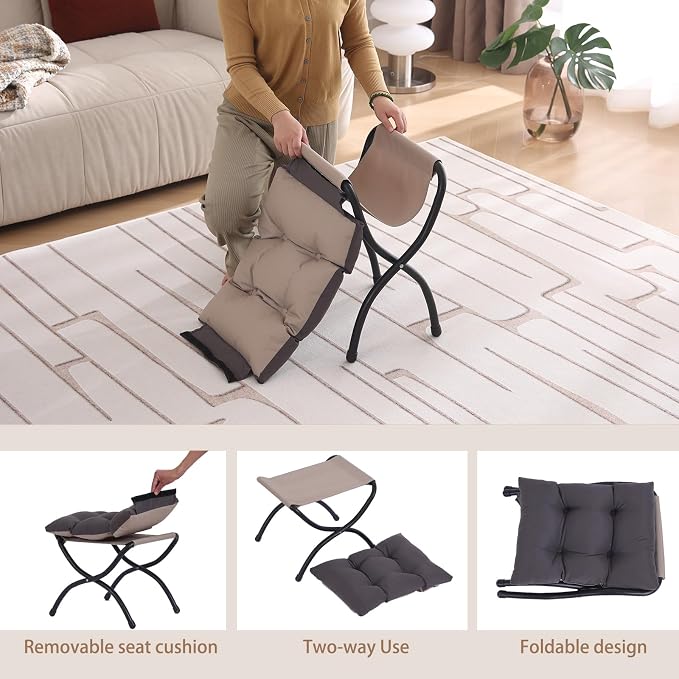 Welnow Folding Foot Stool, Upholstered Small Accent Ottoman with Detachable Thick Cotton Cushion Padded Sofa Stool and Metal Frame for Lazy Chair, Living Room, Bedroom, Dark Grey