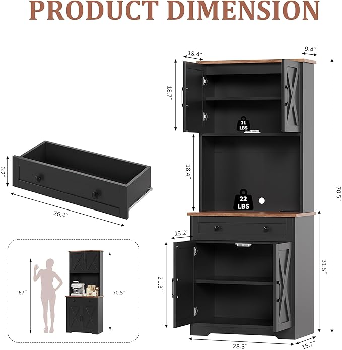 GAOMON 71" Pantry Cabinet with Charging Station, Tall Kitchen Pantry Storage Cabinet with Microwave Stand, Large Farmhouse Kitchen Hutch with Cabinet Doors & Drawer for Living Room, Dining Room