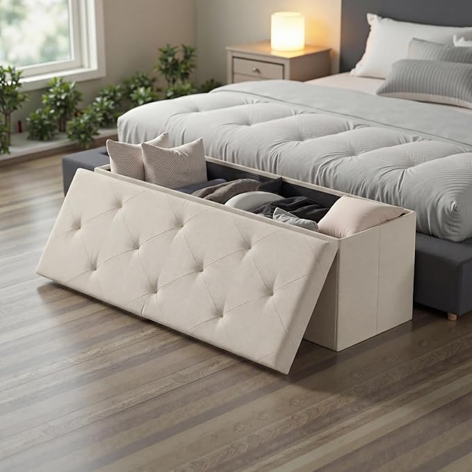 Sweetcrispy 43 Inch Folding Storage Ottoman Bench, Large Hidden Storage Chest with Padded Seat, Foot Rest Stool Supports Up to 660Lbs, End of Bed Bench for Bedroom, Living Room, Linen Fabric, Beige