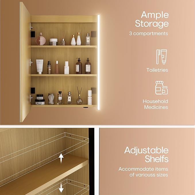 30 x 23-1/4 Inch LED Lighted Medicine Cabinet with Mirror, Moisture-Resistant Wood, Stepless Dimmable, 3000K/5500K, Adjustable Shelf, Flat-Pack Design – Assembly Required, Oak