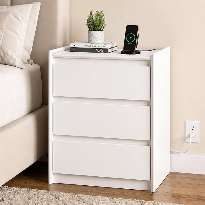 24" Tall Nightstand with Charging Station Including USB-C, Modern Bedside Table and Sofa End Table - White, 3 Drawers, 1-Pack