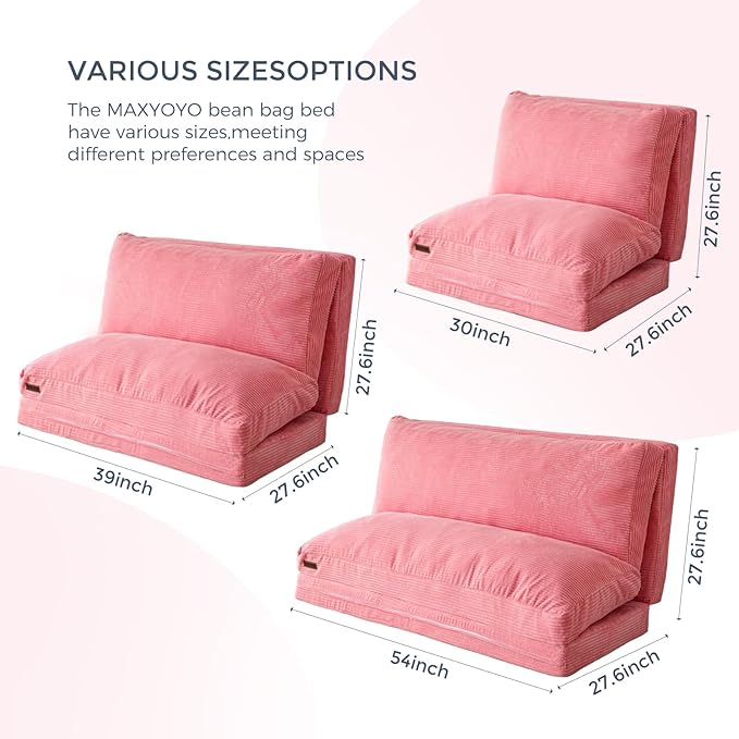 MAXYOYO Folding Sofa Bed, Extra Thick and Long Floor Sofa Convertible Sleeper Chair with Washable Cover, Floor Couch Lounge Bean Bag Bed for Living Room, Pink, 39x95 Inch
