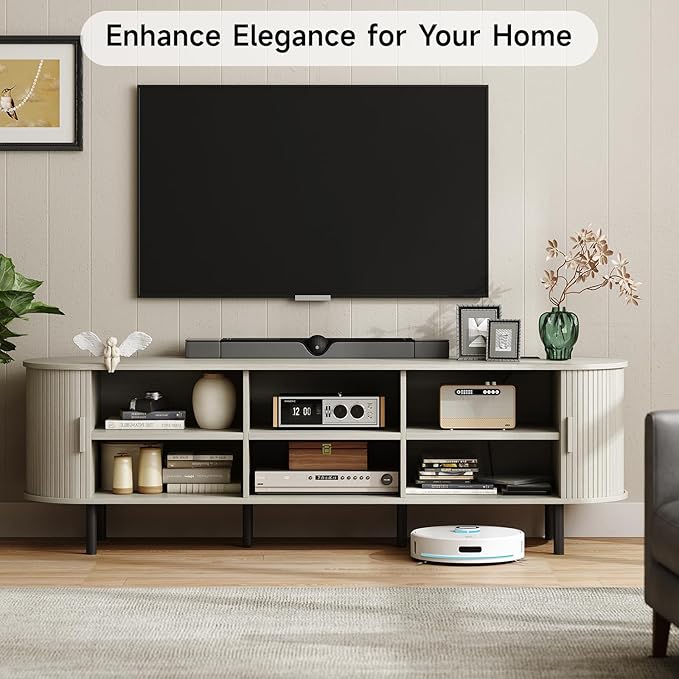ONBRILL 70.8" TV Stand with Power Outlet for TVs up to 75 Inch, Entertainment Center with Storage and Adjustable Shelves, Modern Media Console with Sliding Doors for Living Room, Natural White