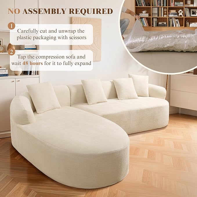 99" Curved Sectional Sofa with Chaise, Modern Boneless Couch with Deep Seat, L Shaped 3-Seater Cloud Couch for Living Room, No Assembly Needed, Chenille (Beige, Left Chaise+Right Sofa)