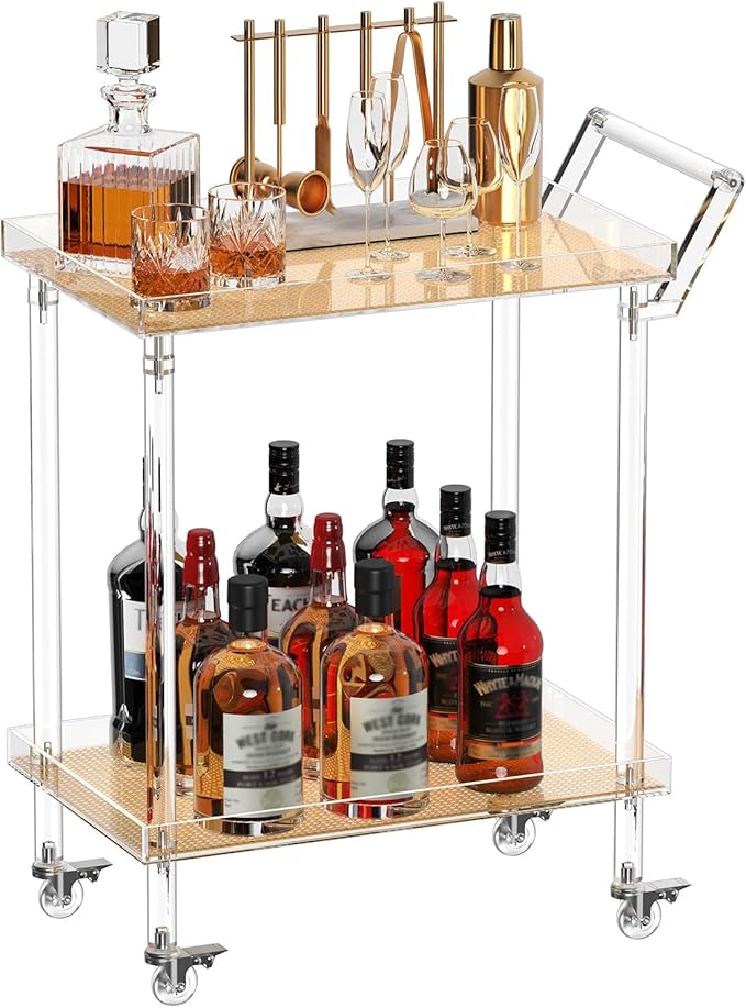 HMYHUM Acrylic Bar Cart, Rattan Home Bar Trolley with Wheels, 2-Tier Rolling Serving Cart for Kitchen, Dining Room, Outdoor, 23.6" L x 15" W x 32.5" H, Modern, Easy Assembly