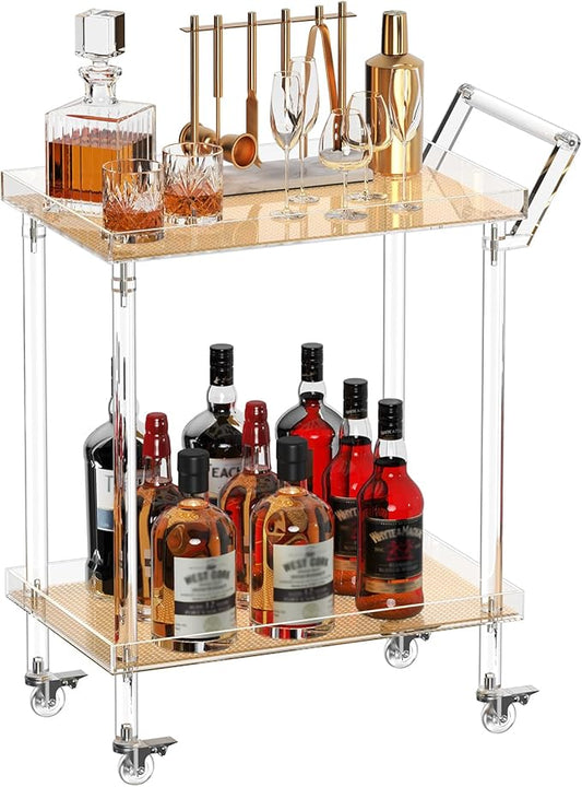 HMYHUM Acrylic Bar Cart, Rattan Home Bar Trolley with Wheels, 2-Tier Rolling Serving Cart for Kitchen, Dining Room, Outdoor, 23.6" L x 15" W x 32.5" H, Modern, Easy Assembly