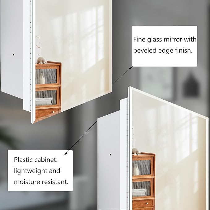 16x26 inch Medicine Cabinet with Mirror, Recessed Medicine Cabinet or Surface Wall Mount Plastic Bathroom Cabinets with Removable Shelves, Beveled Edge Mirror Cabinet