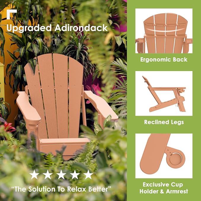 GREENVINES Adirondack-Chairs-with-Ottoman | Set of 2 | Folding | Retractable-Footrest | HDPE Plastic | All Weather Fire Pit Chair | Cup Holders | Teak | for Outdoor Poolside