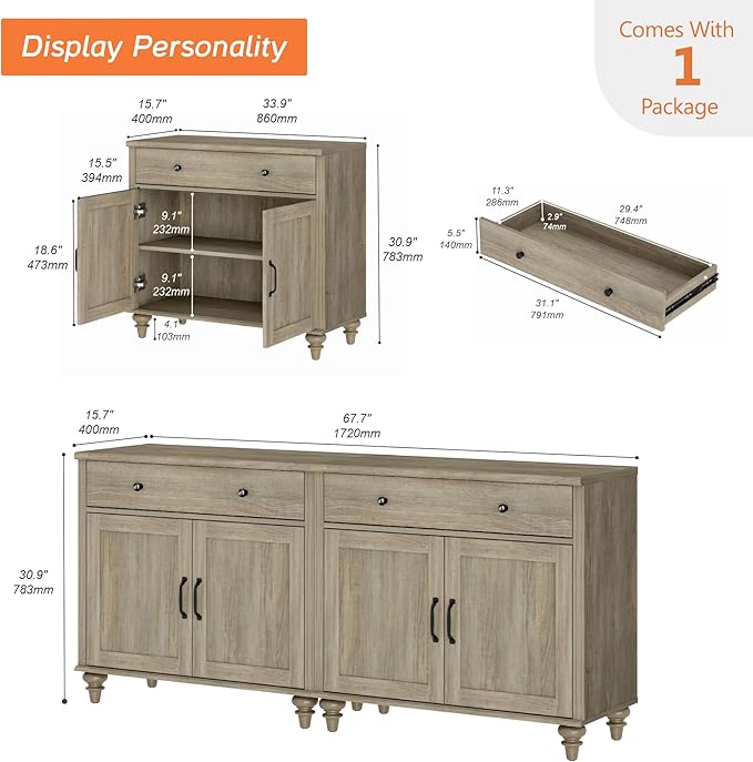 WAMAPT Buffet Cabinet with 4 Doors and 2 Drawers, Large Coffee Bar Table Wood Kitchen Storage Cabinets with Storage Cabinets, Modern Farmhouse Sideboard Credenza for Dining Room, Wash Grey, 68 inch