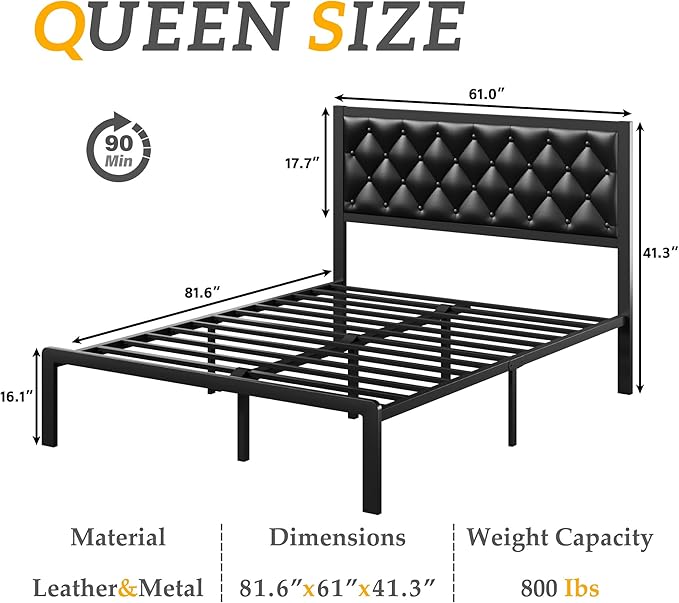 HISOFT Queen Bed Frame with Upholstered Button Tufted Headboard, Bed Frame Platform Metal Slats Support, Under Bed Storage, No Box Spring Needed, Noise-Free, Easy Assembly, Black