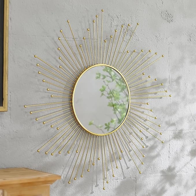 Large Gold Sunburst Mirror - 31" Starburst Wall Mirror with 12" Round Glass, Mid-Century Modern Elegant Gold Sun Mirrors for Living Room, Bedroom, Entryway Decor