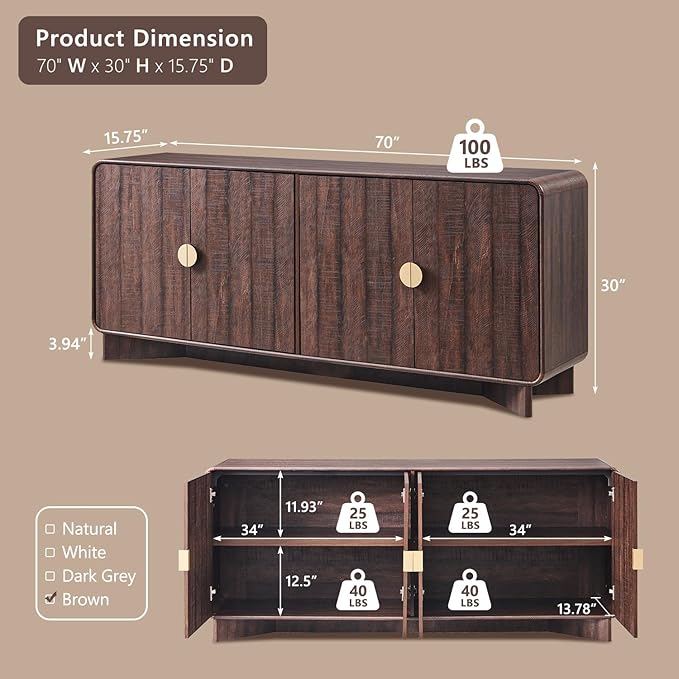 IFGET 70" Modern TV Stand for TVs Up to 80 inches, 30" Tall Entertainment Center with Storage and Adjustable Shelves, TV Console with Curved Profile Design, Media Console for Living Room, Brown