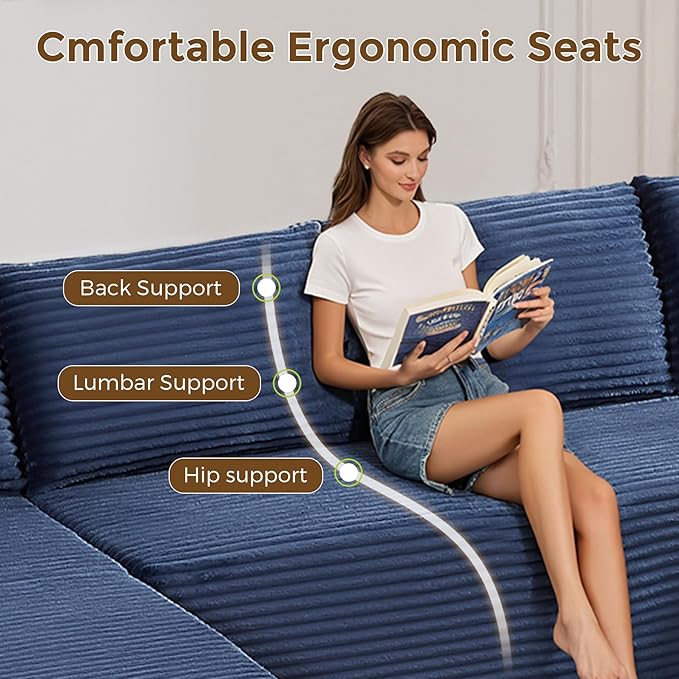 133" Oversized Cloud Boneless Sofa Couch with Chaise, Modern Corduroy U Shaped Modular Sectional Sofa with Deep Seat, Comfy Couch with Cupholders and Storage, No Assembly Required-Blue