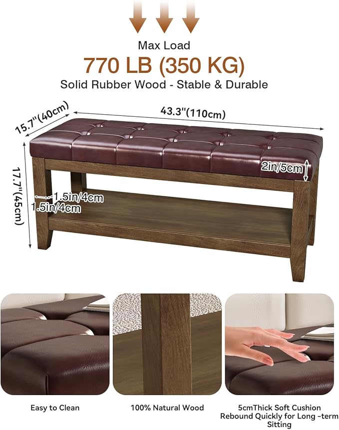 ABHENG Solid Rubber Wood Shoe Bench, Easy-Clean PU Upholstered Seat, 770LB Load, Space-Saving Storage for Entryway/Living Room, Easy Assembly, Vintage Style, 43.3"x15.7"x17.7", Brown, UASND65R