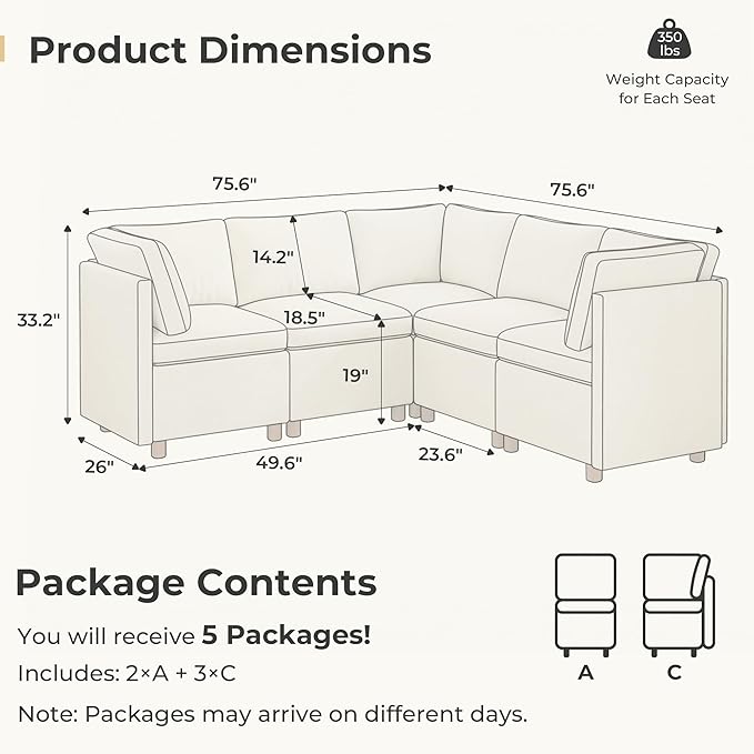 SITJOY Breakfast Nook Bench with Storage, Modular Corner Kitchen Banquette Seating, Dining Settee Couch, Upholstered Dining Bench with Back, Soft-to-Touch Fabric in Beige, 5-Seat L Shaped Booth