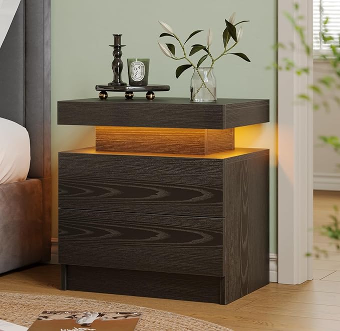 LED Nightstand with 2 Drawers,Modern Nightstand for Bedroom,Black Night Stand with LED Lights, LED Bedside Tables for Bedroom
