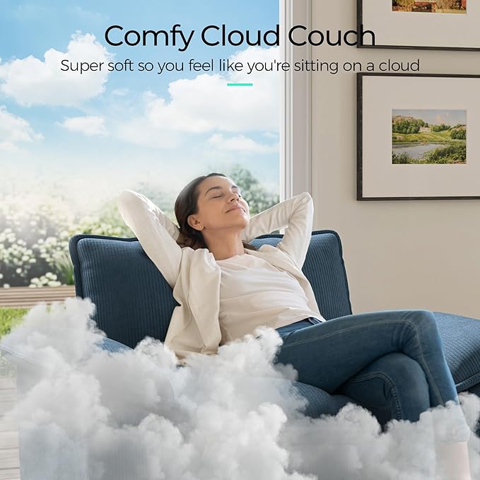 LINSY HOME 123" Modular L-Shaped Sectional Sofa, 3-Seat Corduroy Modern Cloud Couch with Deep Seat & 1 Movable Ottoman, Perfect for Living Room, Office, Bedroom, Blue