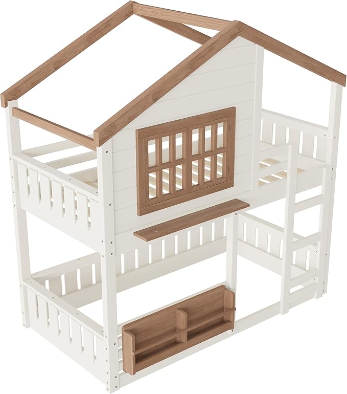 Twin Size House Bunk Bed Frame with Storage Bookshelf, Window, Wooden Floor Bunk Bed with Fences, Space Saving for Kids Adults, No Noise, Beige
