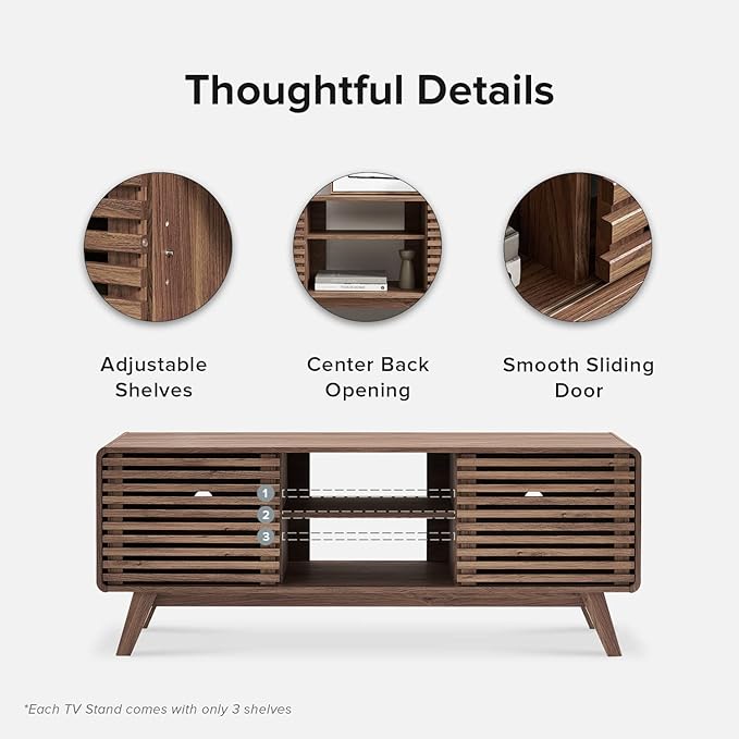 mopio Ensley 59" Tall TV Stand with Slatted Door, Mid Century Modern Entertainment Center for 55-65 inch TV, Farmhouse Media Console with Storage, Adjustable Shelves, Round Edges, Living Room (Walnut)