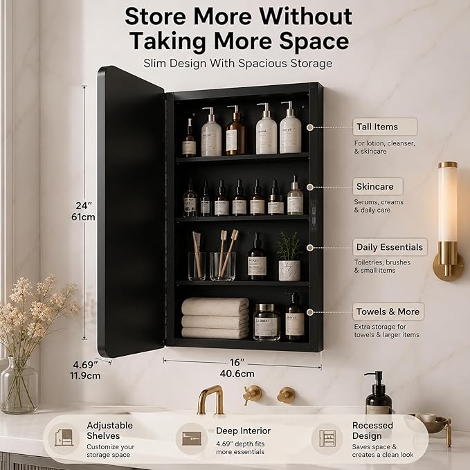 Medicine Cabinet with Mirror 16x24 inch, Black Recessed or Surface Wall Mount Bathroom Cabinets with Adjustable Shelves and Metal Framed
