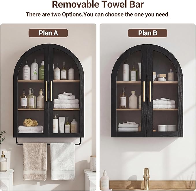 Seang Bathroom Arched Wall Cabinet,Modern Medicine Cabinet with Towel Bar and Adjustable Shelf,Over The Toilet Wall Storage Cabinet,Black