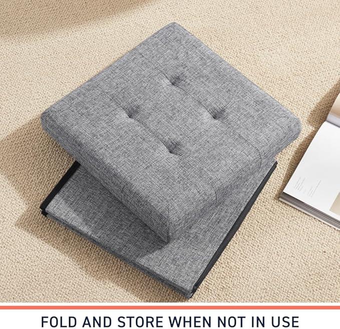 Ornavo Home 2 Pack 15 Inch Folding Storage Ottoman, Square Cube Linen Small Storage Ottoman Foot Rest Stool - Grey