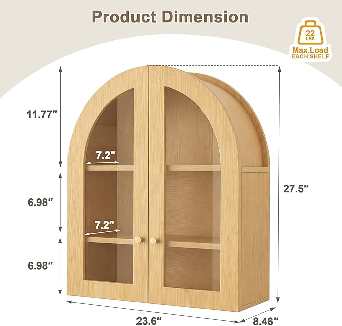 Arched Wall Cabinet, Bathroom Cabinet Wall Mount with Glass Doors & Adjustable Shelf, Floating Medicine Cabinet for Bathroom, Kitchen, Living Room Storage, Oak