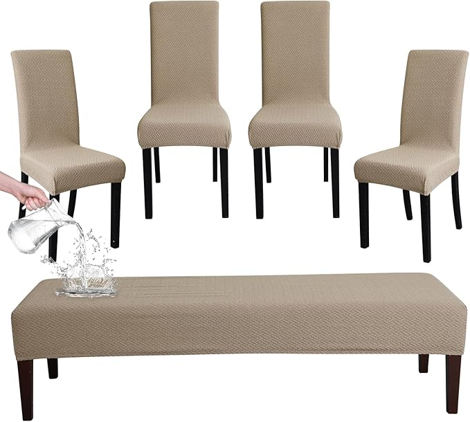 FORCHEER Dining Chair Covers and Bench Covers Set Waterproof Jacquard Camel 4 Dining Room Chair and Bench Slipcover Washable-Light Brown