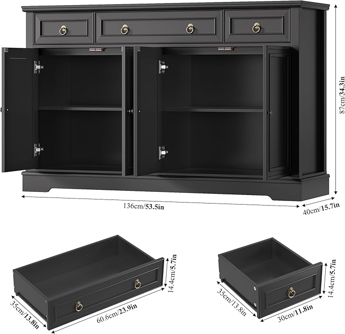 FINETONES Buffet Cabinet with Storage, 52.7" Large Sideboard Buffet Table, Black Kitchen Cabinet with 3 Drawers and 4 Doors, Wood Coffee Bar for Kitchen Dining Room, Black