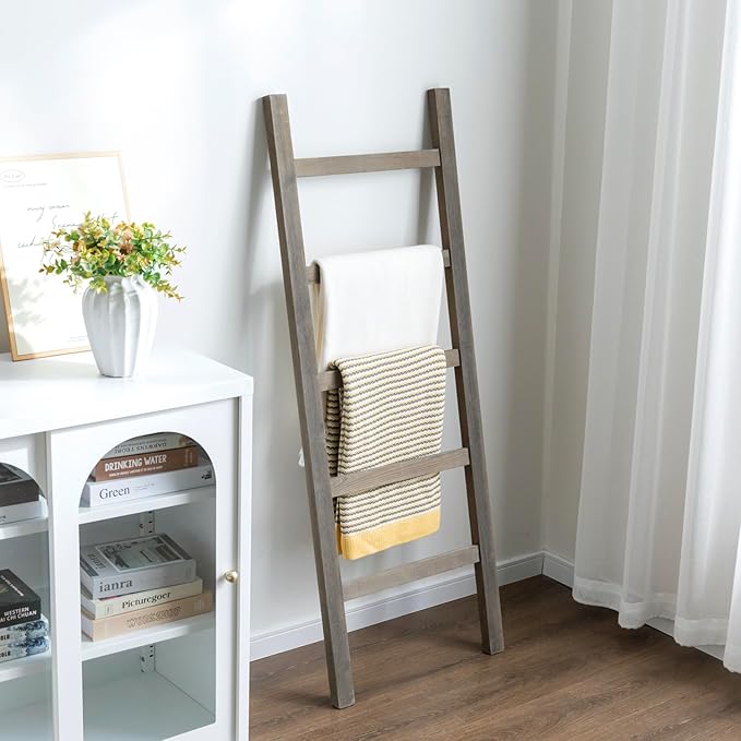 MyGift 54 inch Tall Fully Assembled Wood Blanket Ladder, 5-Tier Wall Leaning Towel Rack, No Assembly, Gray