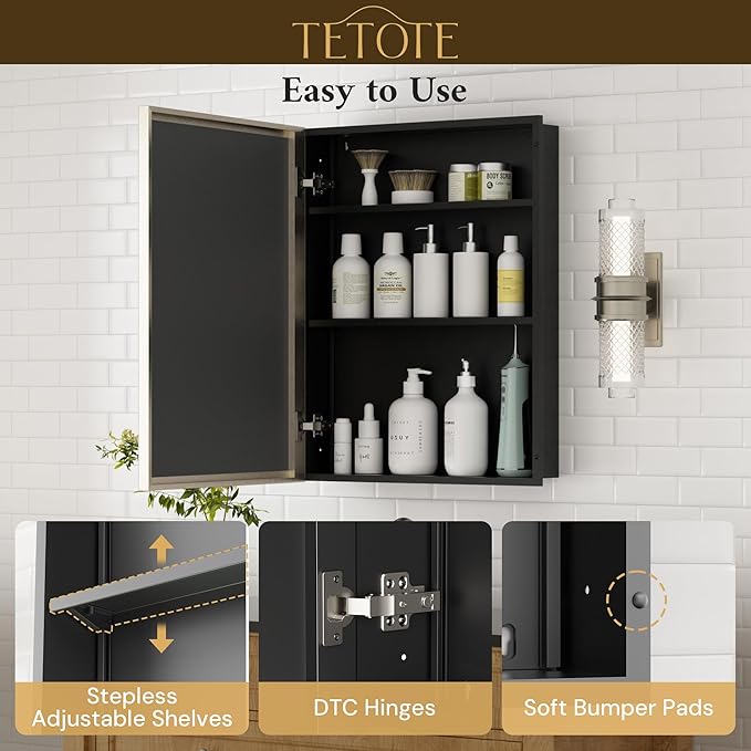 TETOTE Medicine Cabinet Mirror 24" x 30", Brushed Nickel Recessed Medicine Cabinet with Beveled Tempered Mirror, Stepless Adjustable Shelves, DTC Hinges