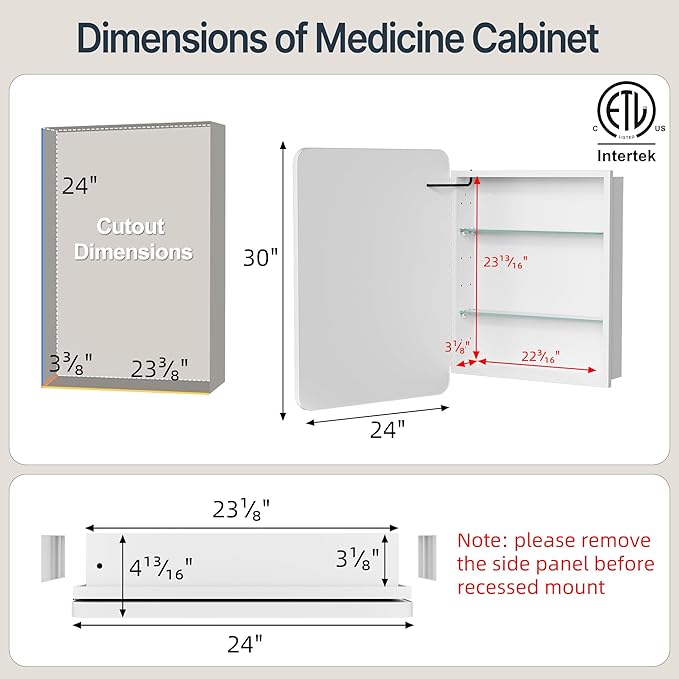 24x30 Inch Medicine Cabinet with Mirror, Recessed or Surface Mount Bathroom Medicine Cabinet with LED Lights, Anti-Fog, Memory Function, Adjustable Shelf, Dimmable Light, ETL Listed, White,Left Hinge