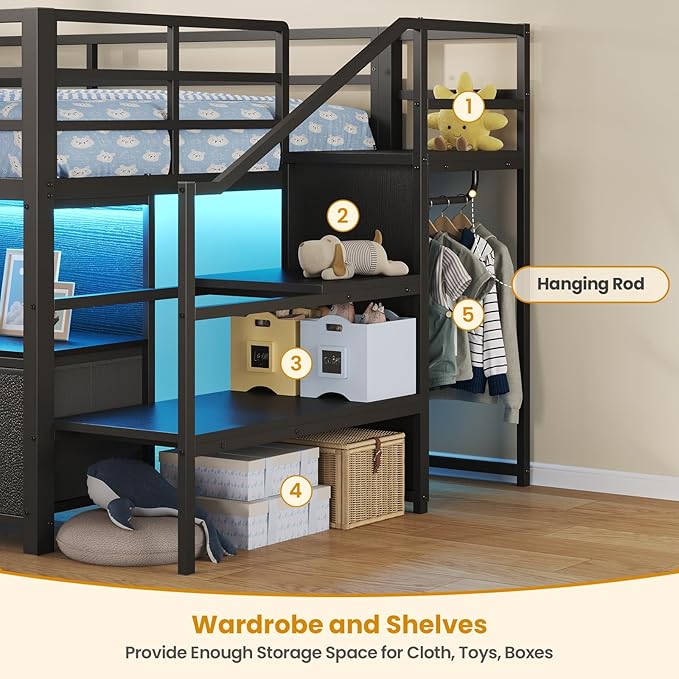 ADORNEVE Low Loft Bed Twin Size with Stairs,7 Drawers, Bookcase and LED Lights, Metal Kids Loft Bed with 14" H Safety Guardrail,Inclined Ladder and Play Curtain, Under-Bed Play Space, Black