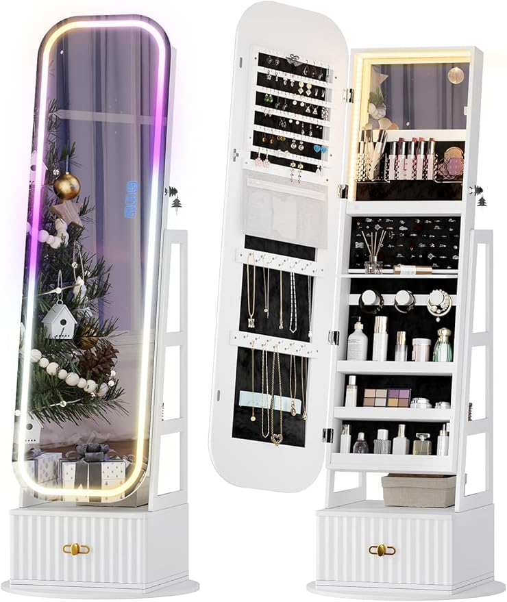 360° Swivel Jewelry Cabinet with Lights - RGB Vanity Mirror | Rotatable Full Length Mirror with Jewelry Storage, Standing Jewelry Armoire Organizer, Foldable Makeup Shelf, White (White)