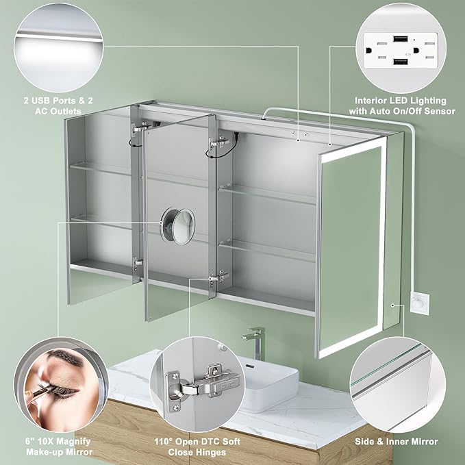 48x30 Inch Lighted Medicine Cabinet with Mirror, AL Alloy Frame, Plug-in or Hardwired, Recessed or Surface Mount, 3 Colors/Dimmable/Interior Sensor Light/Defog,2 Outlets & USBs,4 Shelves
