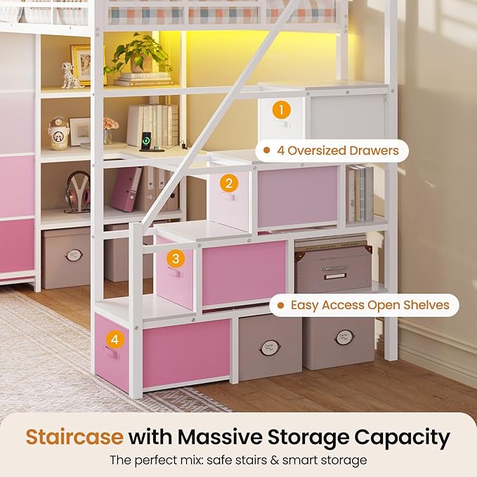 DICTAC Loft Bed Twin Size with Storage Stairs,Desk and Power Strips,Metal Twin Loft Bed with LED Lights,8 Storage Drawers &Open Shelves,Loft Beds for Kids,Teens,Adults with Safety Guardrail,White+Pink