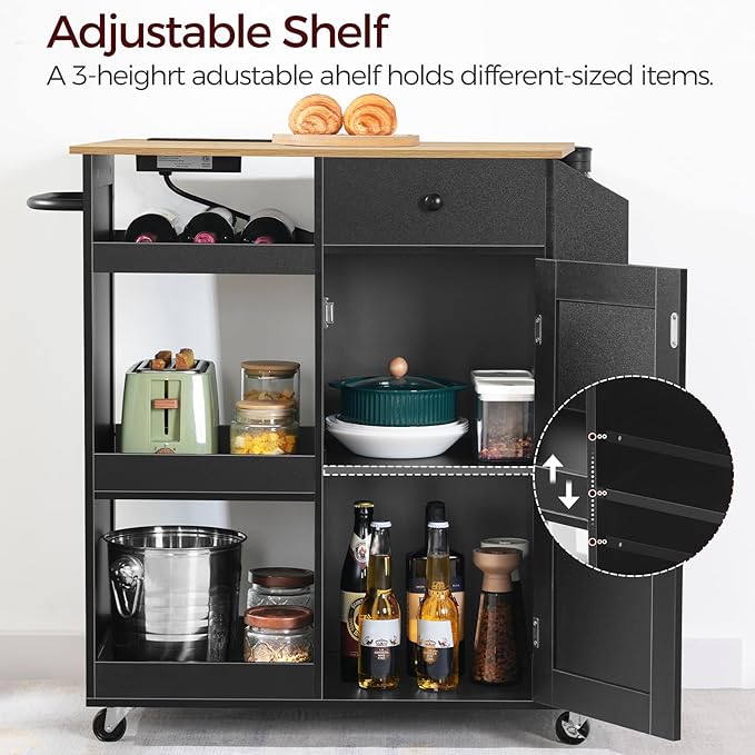 MAHANCRIS Kitchen Island with Power Outlet, Kitchen Storage Island with Drawer, Rolling Kitchen Cart on Wheels, Spice Rack, Towel Rack, Wine Rack, for Dining Room, Black and Natural KIHN122E01
