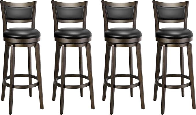 PrimeZone Swivel Bar Stools Set of 4, 34 Inch Extra Tall Bar Height Barstools, Black Faux Leather Bar Stool with High Backrest, Solid Wood Leg, Wrap-Around Footrest, Counter Stools for Pub