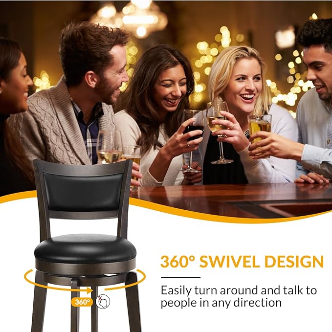 PrimeZone Swivel Bar Stools Set of 6, 30 Inch Bar Height Barstools, Black Faux Leather Bar Stool with High Backrest & Solid Wood Legs & Wrap-Around Footrest, Counter Stools for Kitchen Island, Pub
