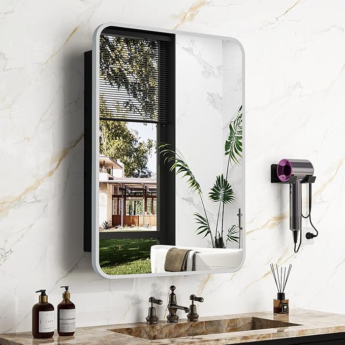 ACEMIRO 20x28 Inch Recessed Medicine Cabinet with Mirror Metal Framed Surface Wall Mounted Bathroom Mirror Medicine Cabinet with Storage Brushed Silver